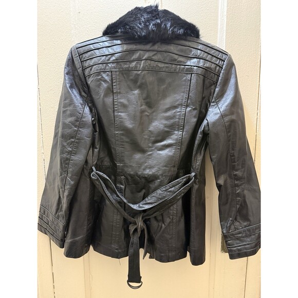 Genuine Leather Black Belted Vintage Jacket Faux Fur Collar Coat Women SZ Small - Picture 3 of 14